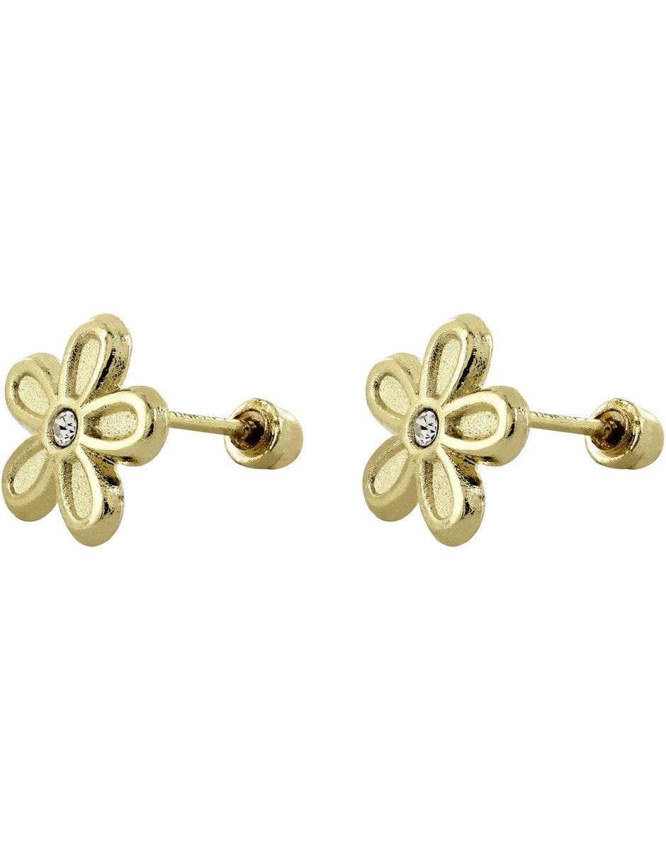 Broqueles de flor de oro 14 K con acabado brillante zirconia
