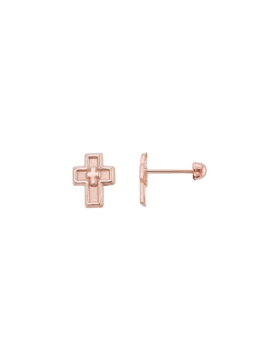 Broqueles de cruz de oro rosa con acabado brillante