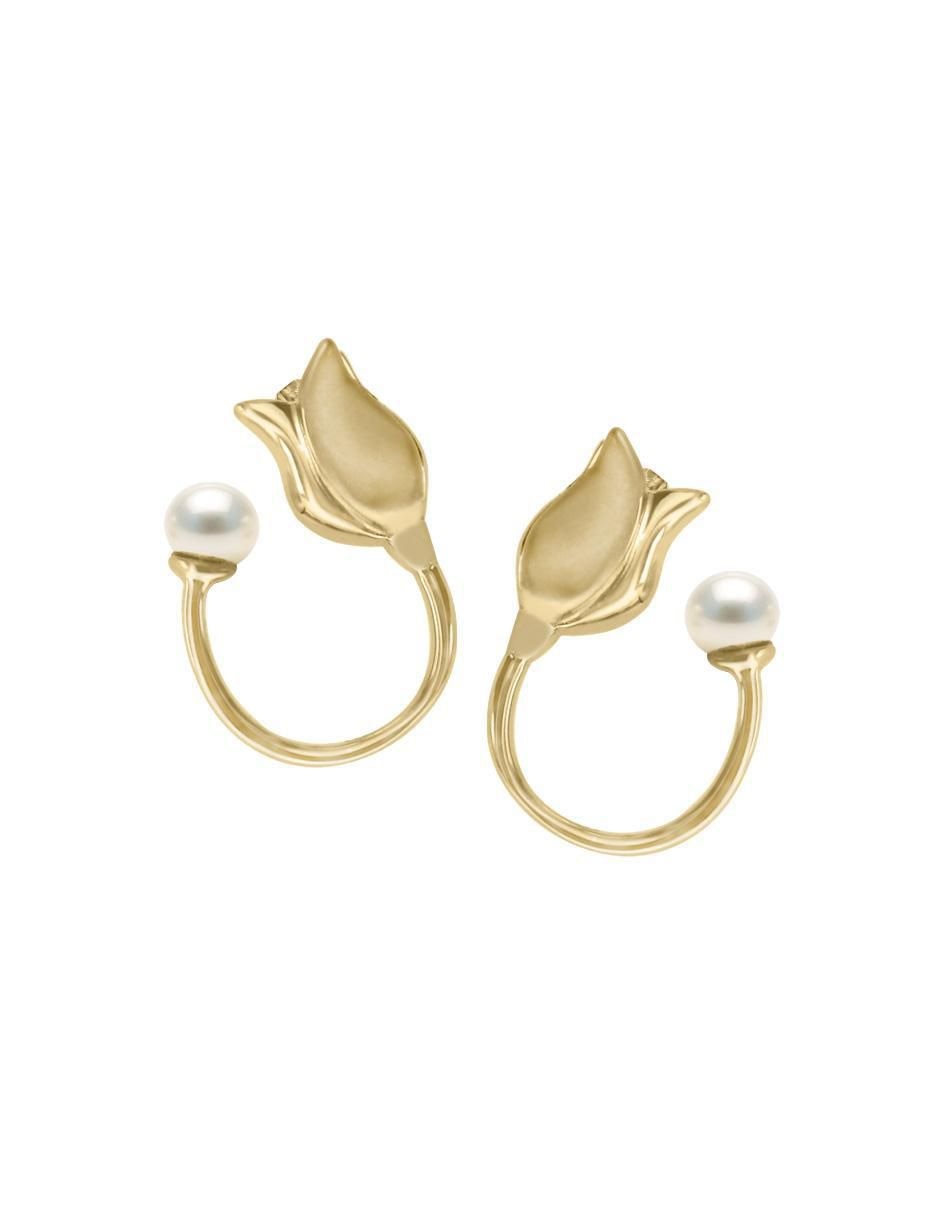 Broqueles de flor de oro amarillo 14 K con acabado brillante perla Broqueles de flor de oro amarillo 14 K con acabado brillante perla