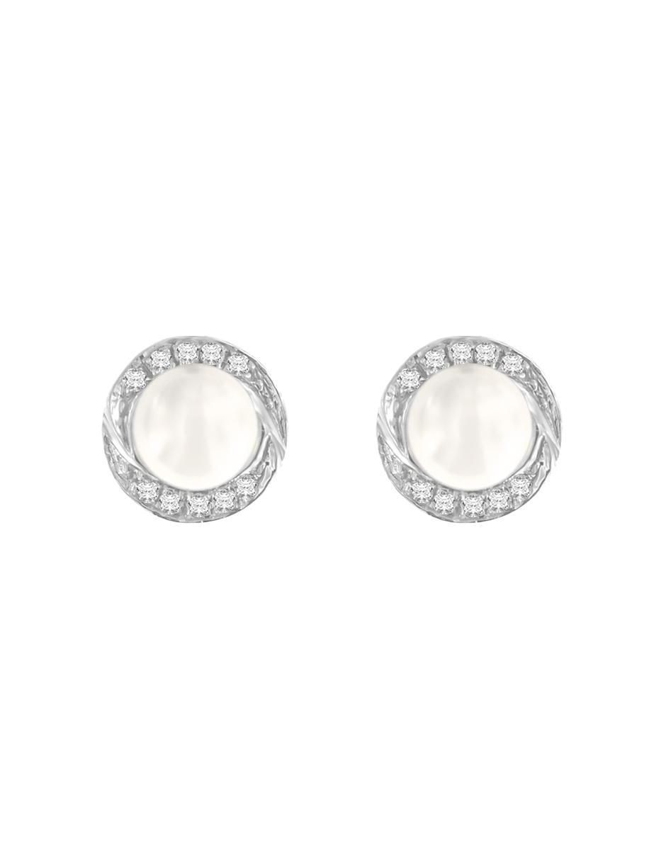 Broqueles de flor de oro blanco 14 K con acabado brillante diamante y perla