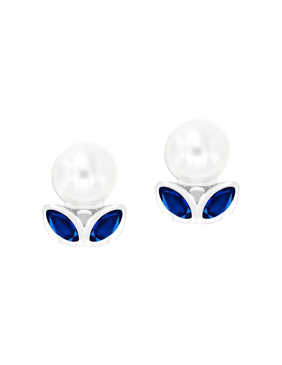 Broqueles de flor de oro blanco 14 K con acabado brillante zafiro y perla Broqueles de flor de oro blanco 14 K con acabado brillante zafiro y perla