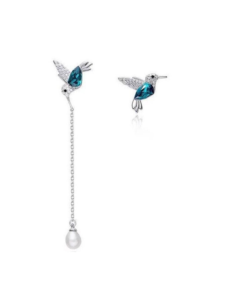 Aretes de colibrí de plata P 925 con acabado plateado cristal