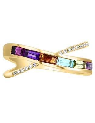 Anillo 14 k de oro diamante, amatista, topacio azul, citrino, rodolita y peridoto brillante