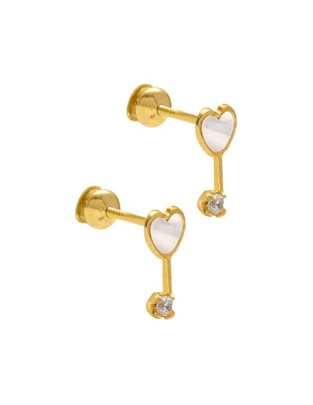 Broqueles de corazón de oro amarillo 14 K con acabado brillante zirconia 1