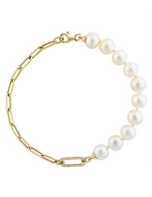 Pulsera de oro con diamante y perla 14 K Luna acabado liso