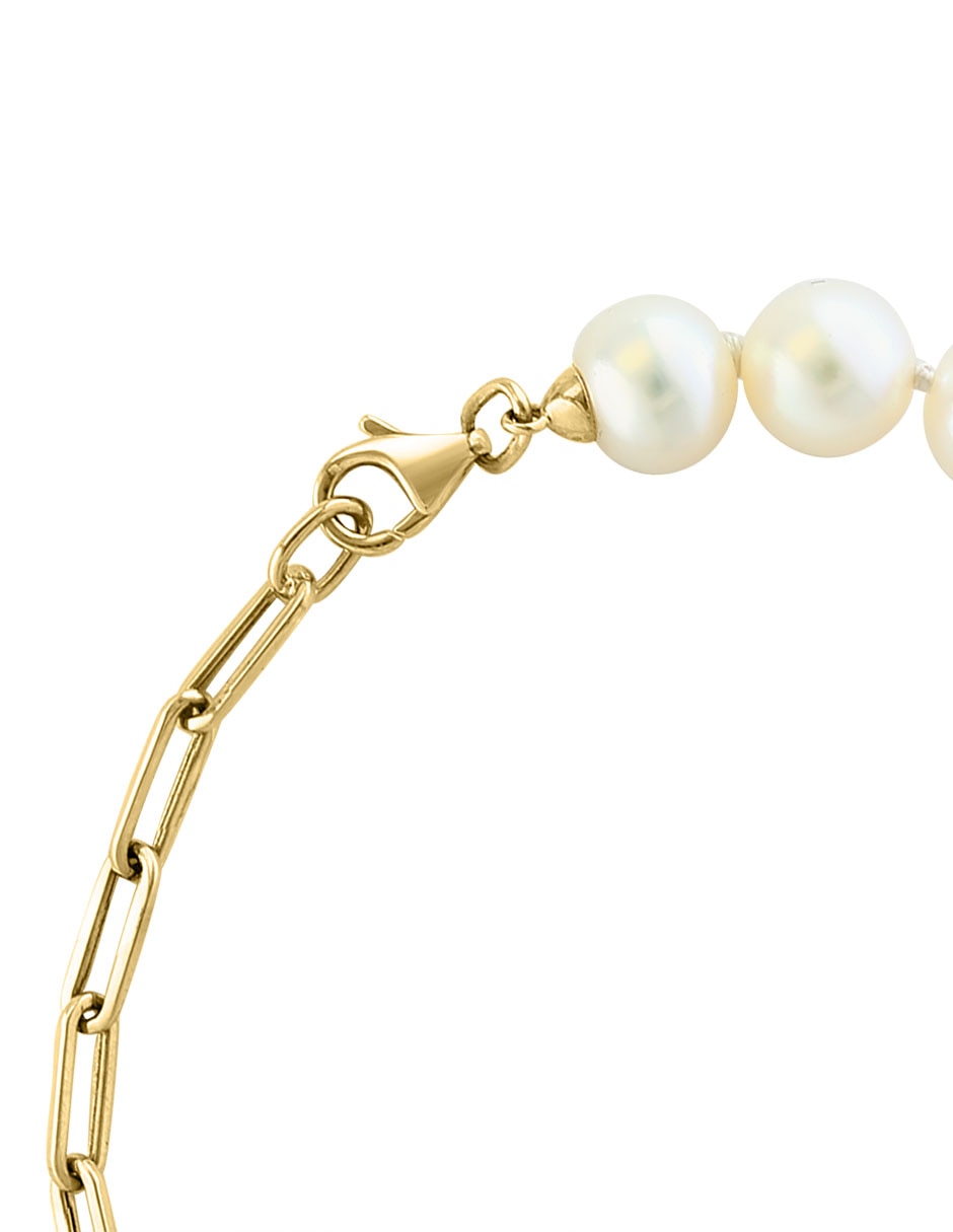 Pulsera de oro con diamante y perla 14 K Luna acabado liso 2