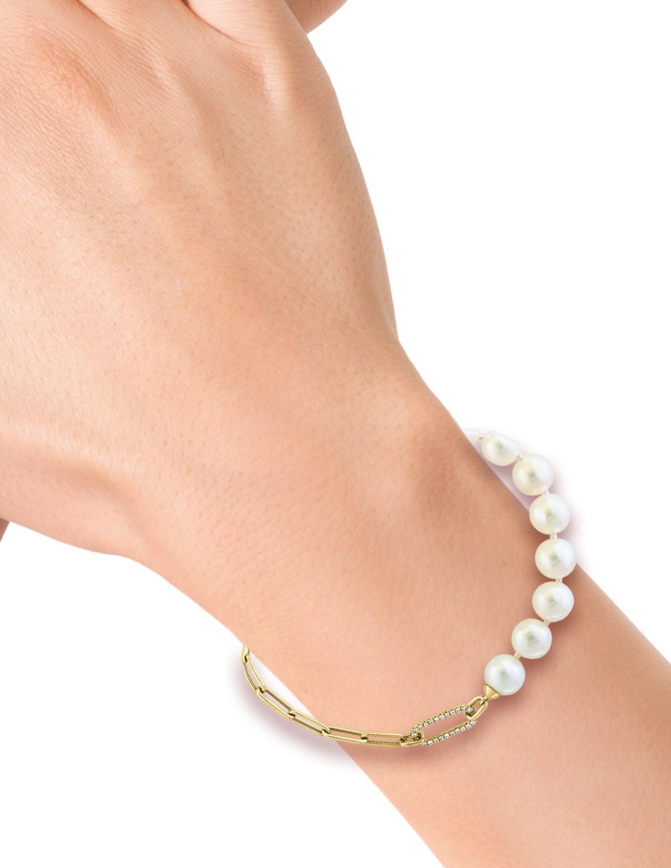 Pulsera de oro con diamante y perla 14 K Luna acabado liso 3