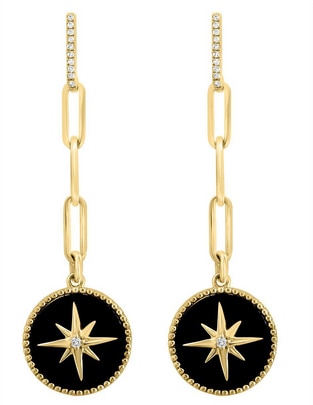 Aretes redondos de oro 14 K con acabado liso diamante y ónix