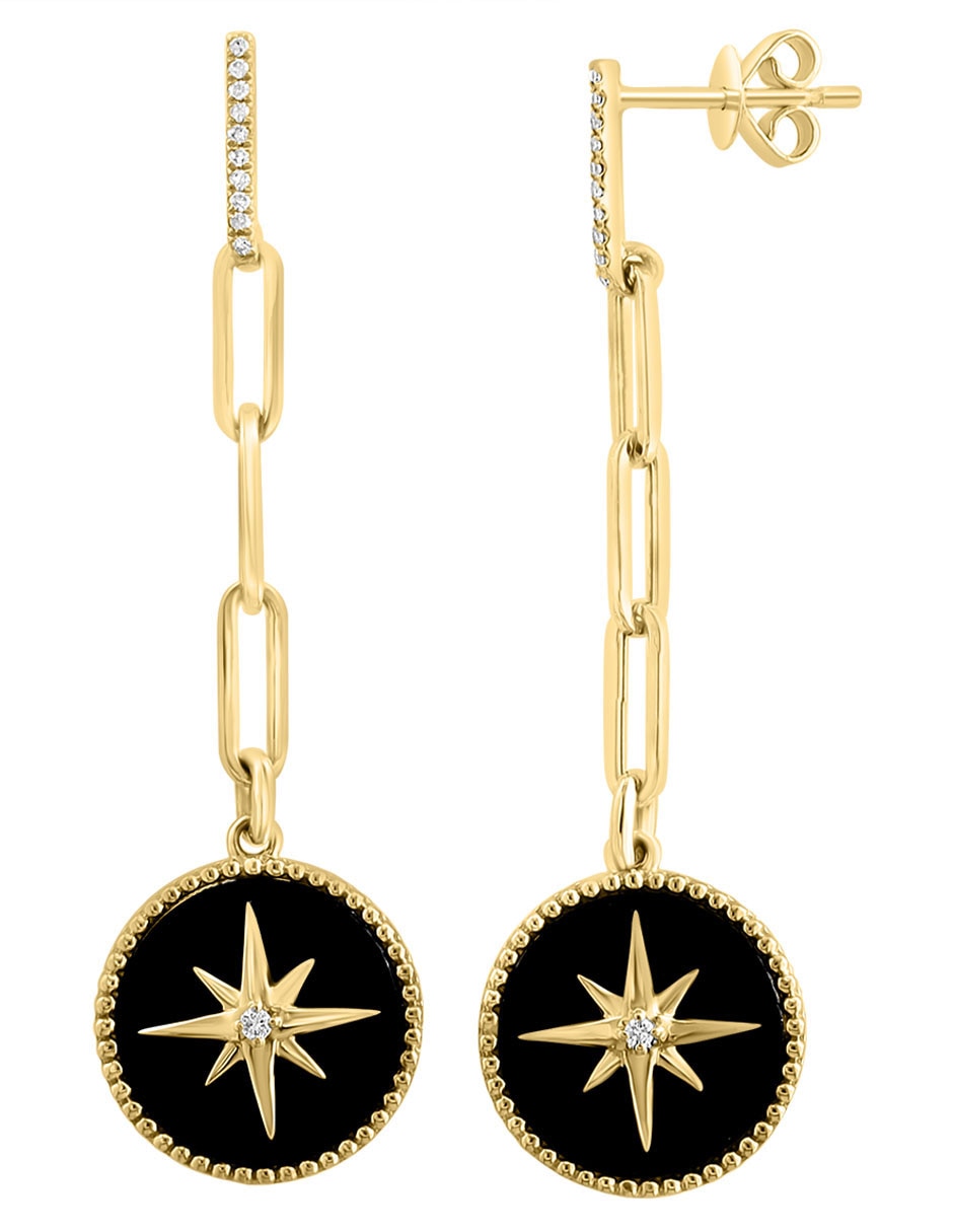 Aretes redondos de oro 14 K con acabado liso diamante y ónix 2