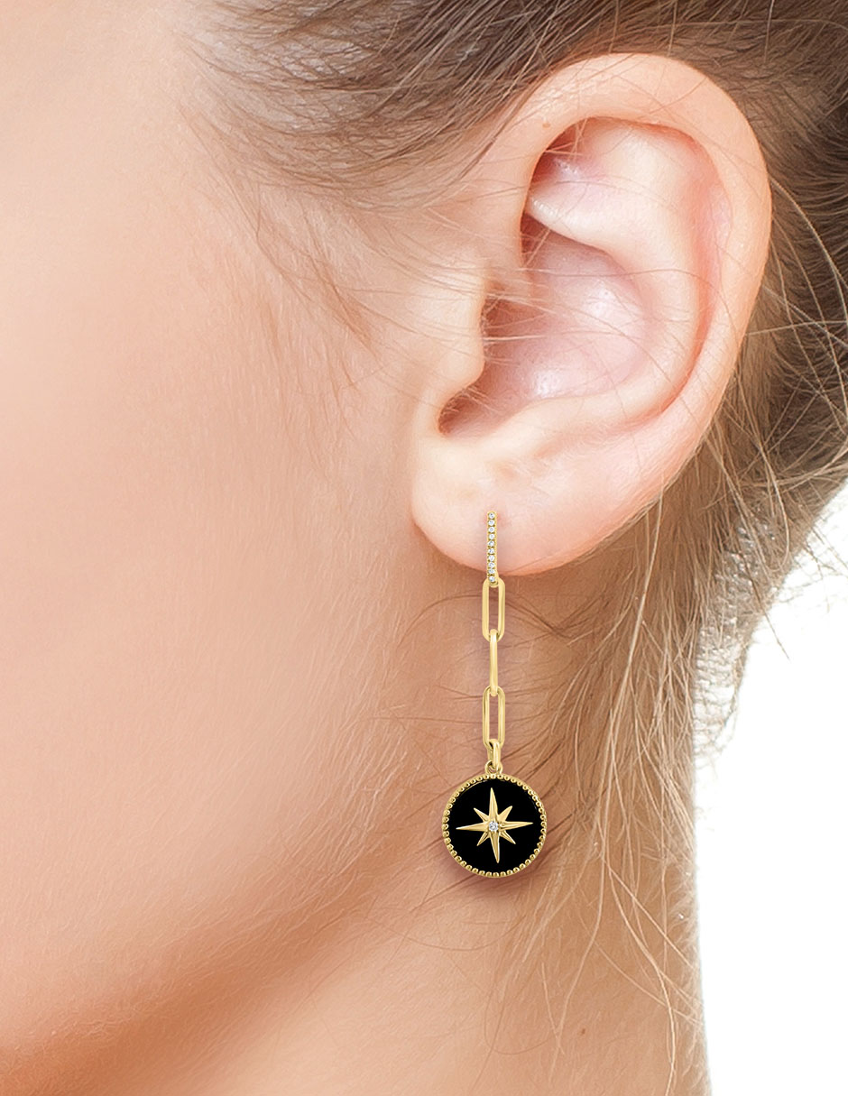 Aretes redondos de oro 14 K con acabado liso diamante y ónix 3
