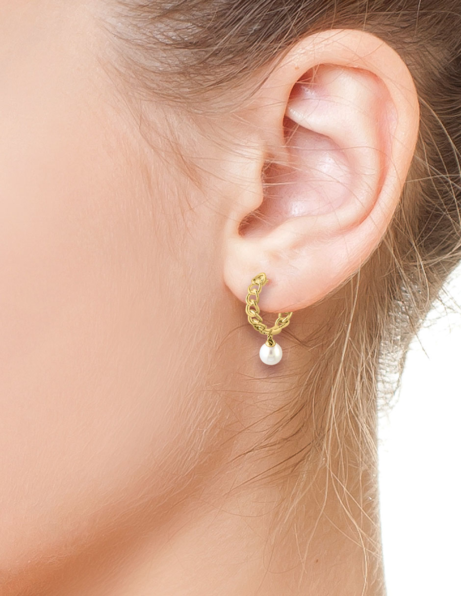 Aretes redondos de oro 14 K con acabado pavé perla de agua 3