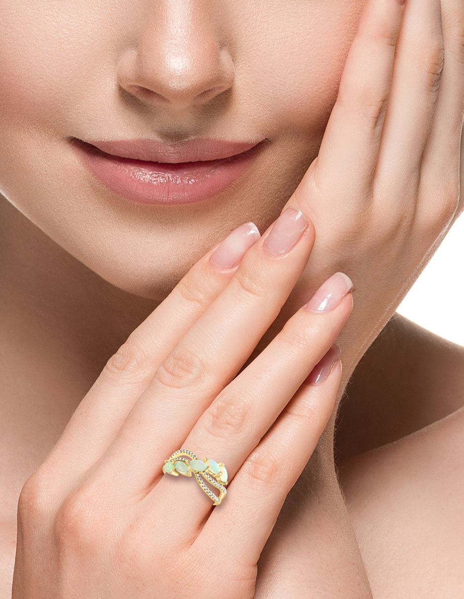 Anillo 14 k de oro diamante y ópalo etíope brillante 2