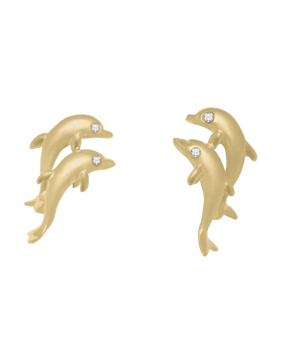 Aretes de delfín de oro amarillo 14 K con acabado brillante diamante
