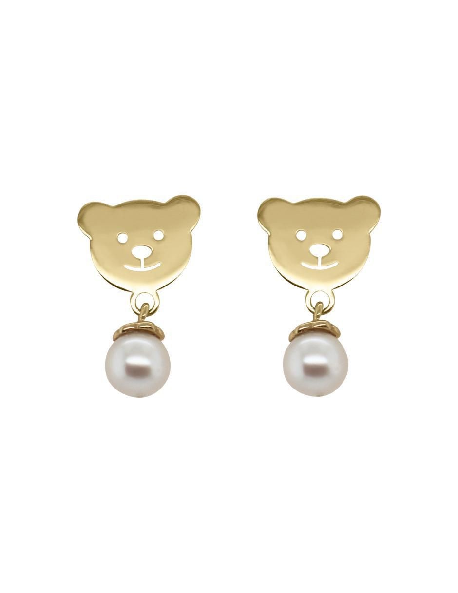Aretes de oso de oro amarillo 14 K con acabado brillante perla