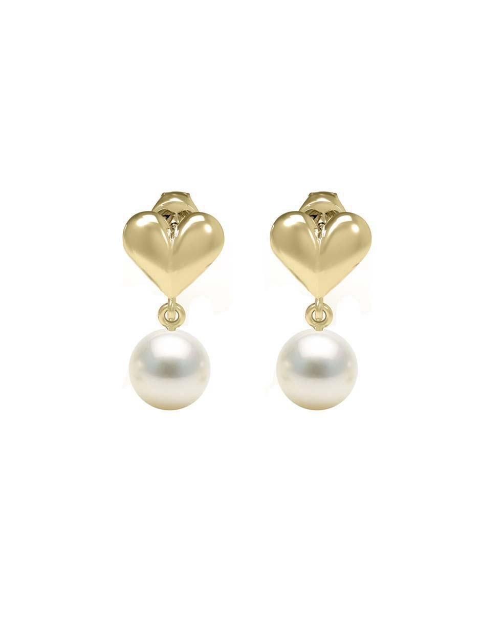 Aretes de corazón de oro amarillo 14 K con acabado brillante perla Aretes de corazón de oro amarillo 14 K con acabado brillante perla