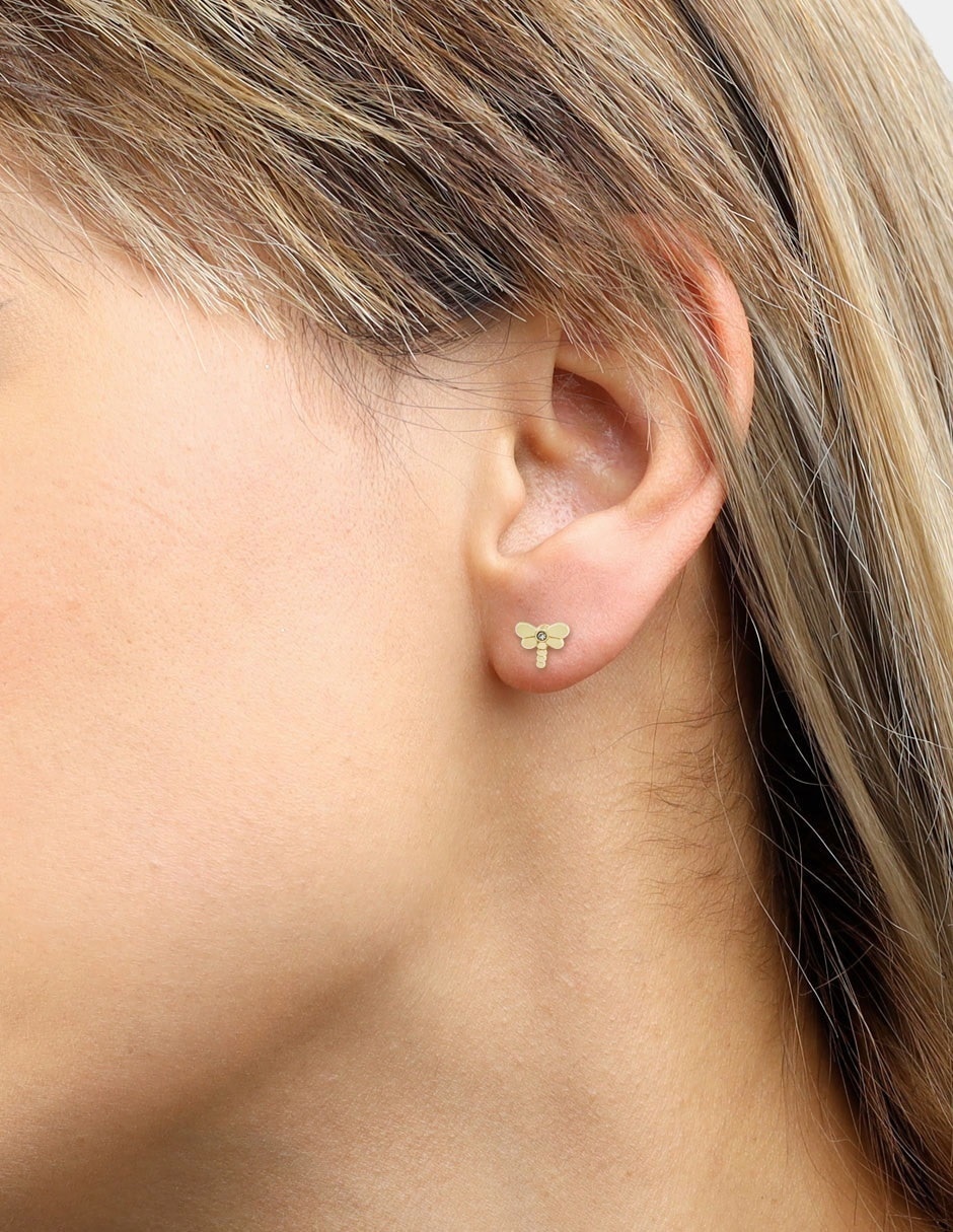 Broqueles de libélula D Cadena de oro amarillo 14 K con acabado liso zirconia