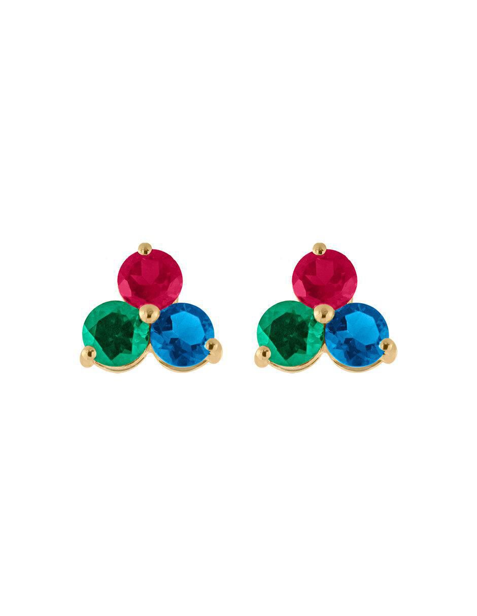 Aretes triangulares de oro 14 K con acabado brillante rubí y zafiro