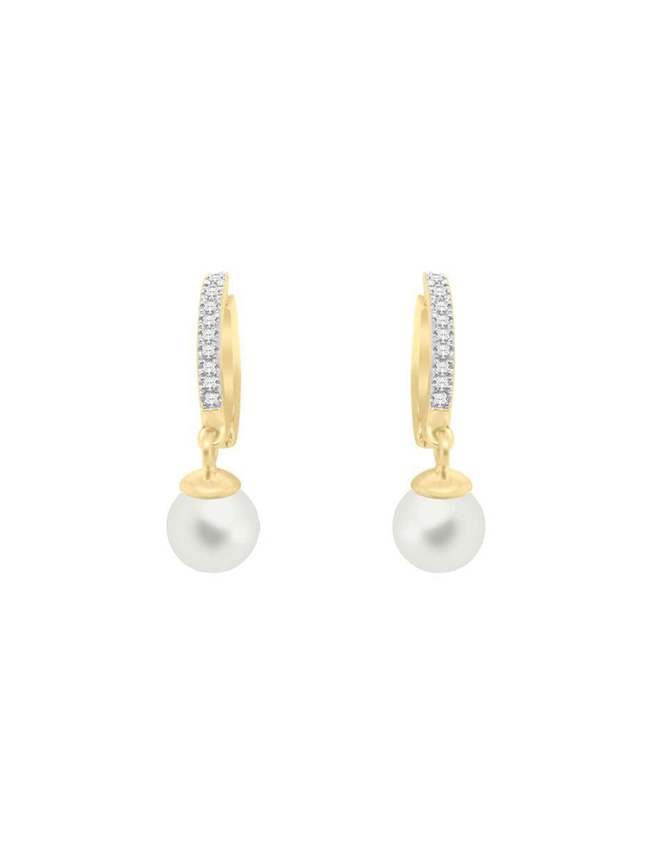 Aretes redondos de oro 14 K con acabado brillante perla y diamante Aretes redondos de oro 14 K con acabado brillante perla y diamante