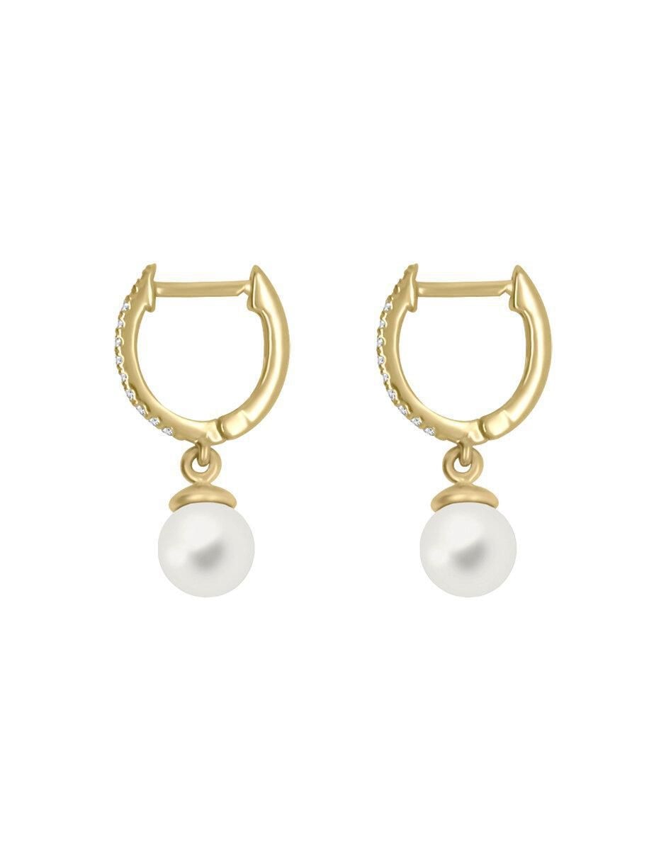 Aretes redondos de oro 14 K con acabado brillante perla y diamante 2