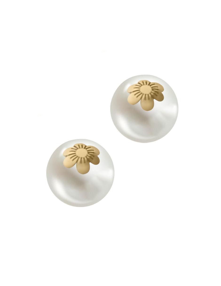 Aretes de flor de oro amarillo con acabado brillante perla Aretes de flor de oro amarillo con acabado brillante perla