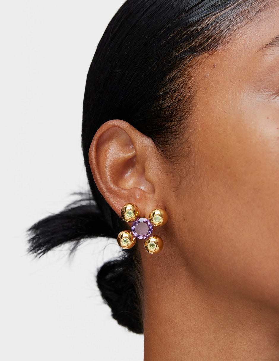 Aretes redondos de plata P 925 con acabado baño de oro amatista