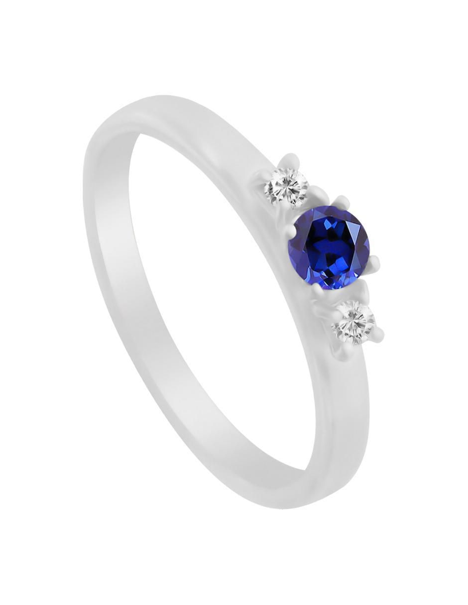Anillo redondo Lin 14 k de oro blanco zafiro y diamante brillante 4