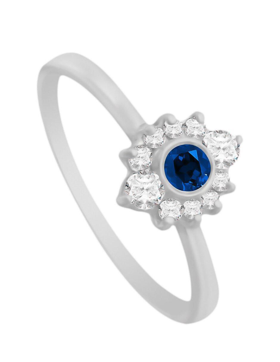 Anillo redondo Finea 14 k de oro blanco zafiro y diamante brillante 3