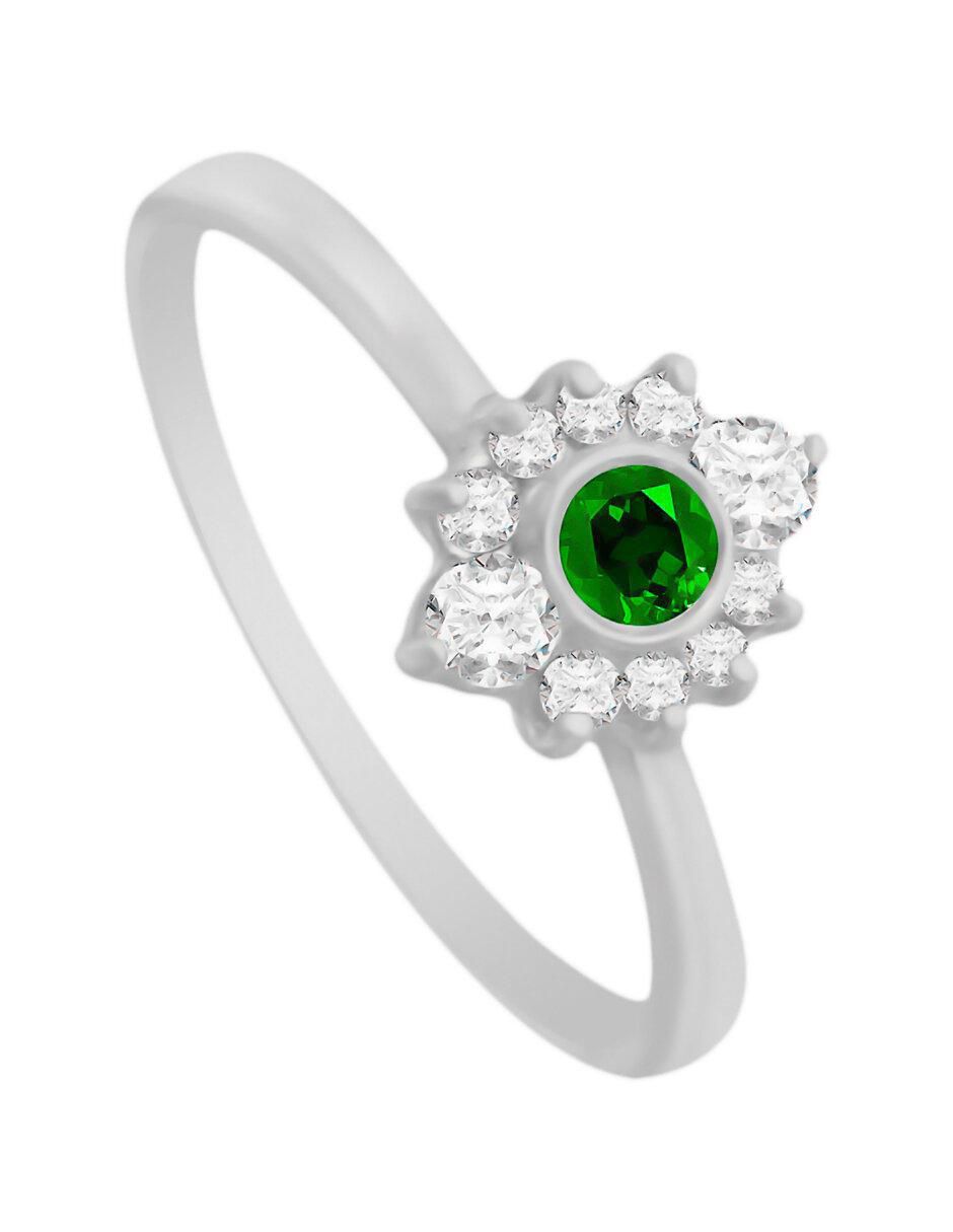 Anillo redondo Finea 14 k de oro blanco esmeralda y diamante brillante 4