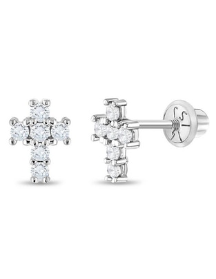 Broqueles de cruz In Season Jewelry de oro blanco con acabado brillante zirconia cúbica