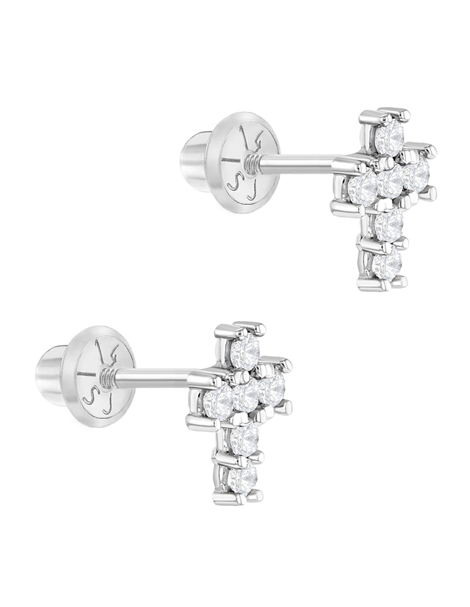 Broqueles de cruz In Season Jewelry de oro blanco con acabado brillante zirconia cúbica