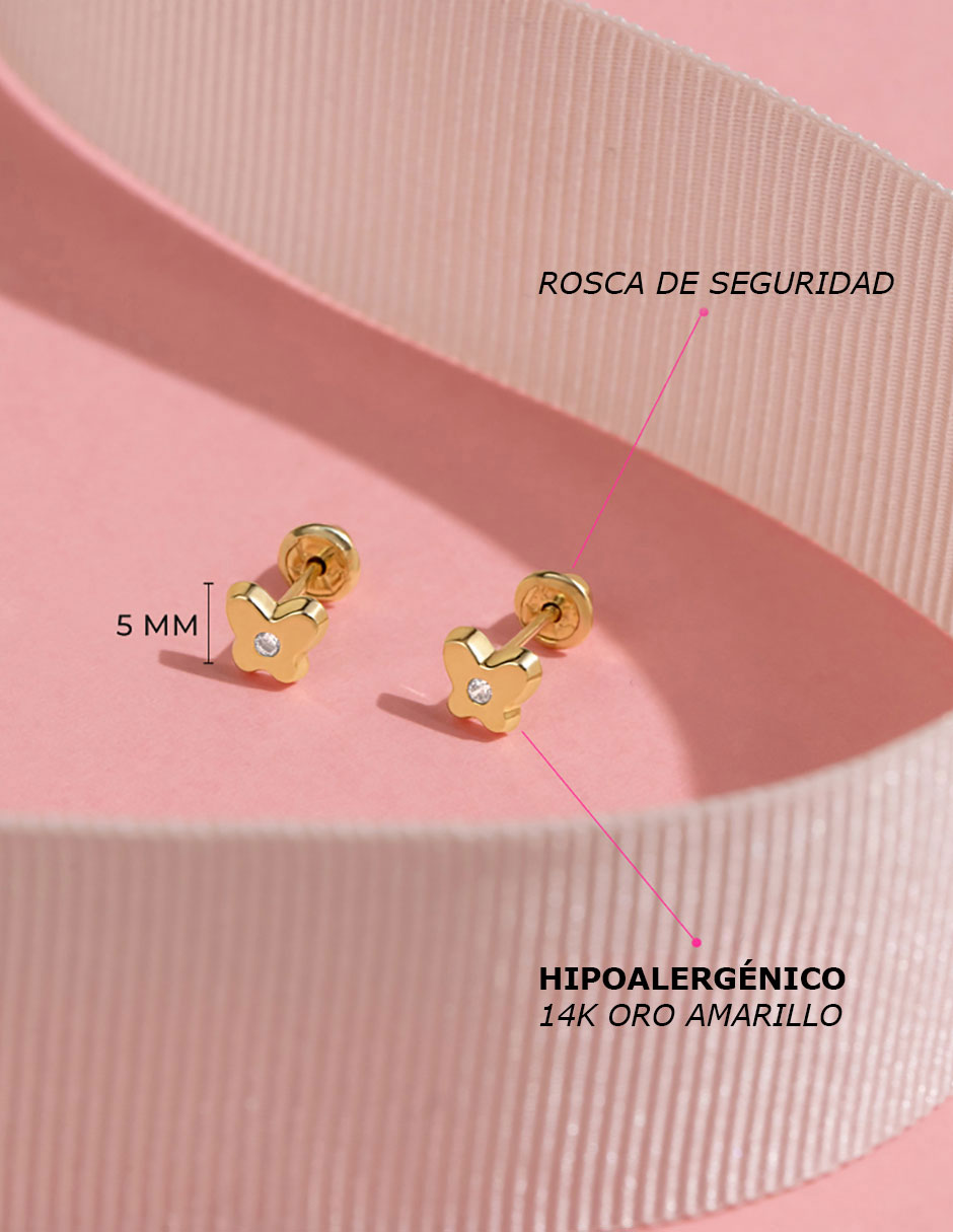 Broqueles de mariposa de oro amarillo con acabado brillante zirconia cúbica