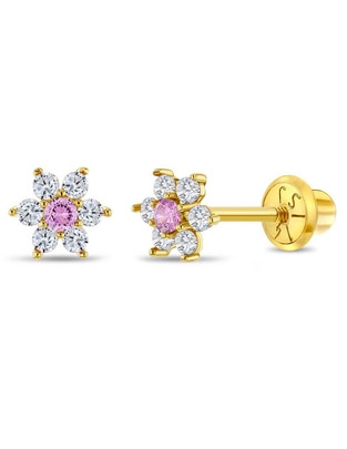 Broqueles de flor In Season Jewelry de oro amarillo con acabado brillante zirconia cúbica