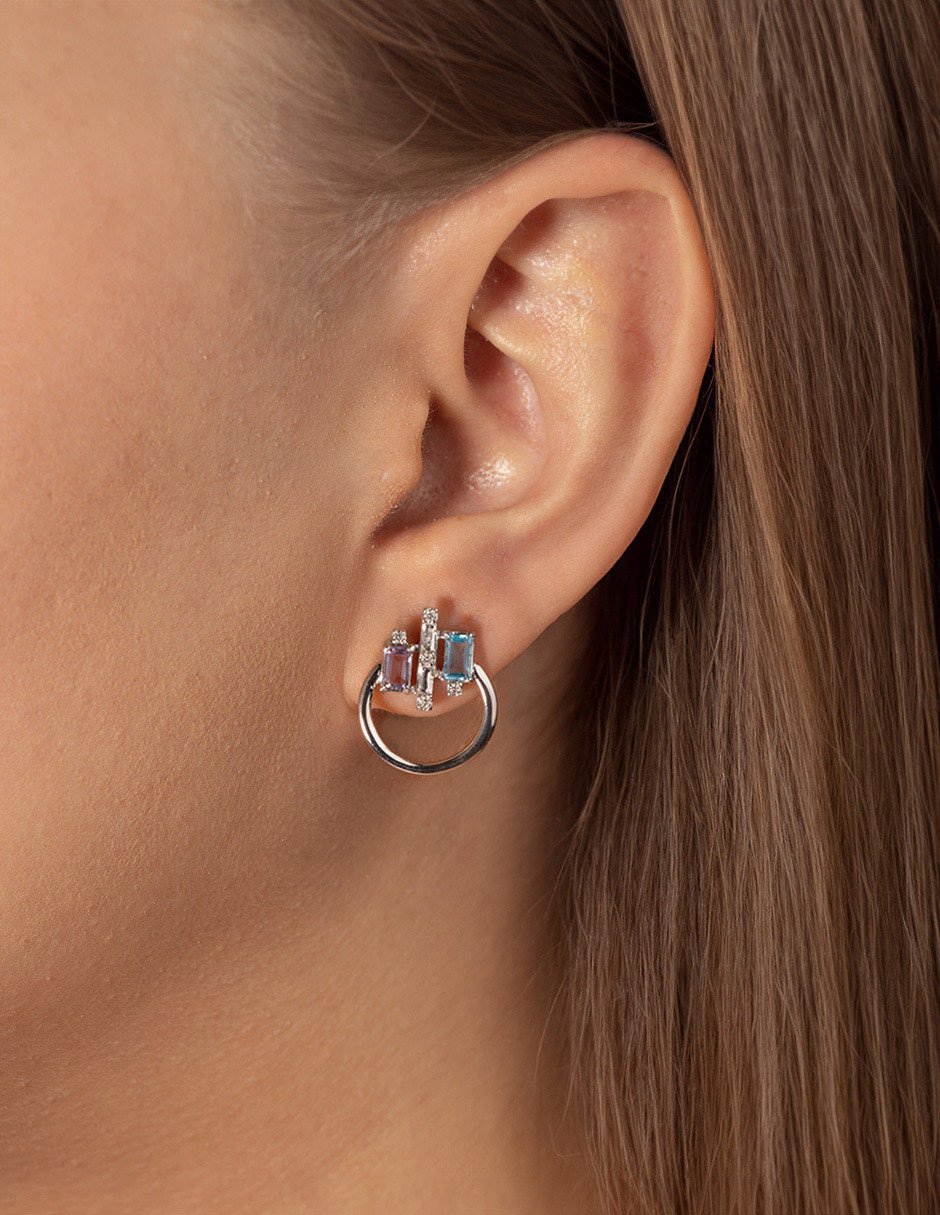 Aretes de aro de oro 14 K con acabado espejo semipreciosas 3