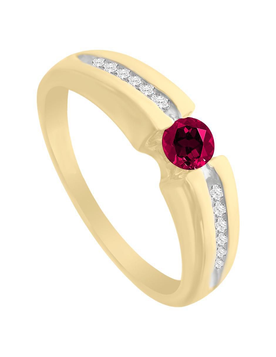 Anillo redondo Andromeda 14 k de oro amarillo rubí y diamante brillante 4