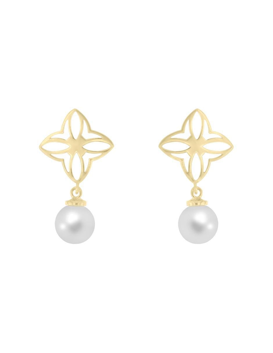 Aretes redondos de oro amarillo con acabado brillante perla