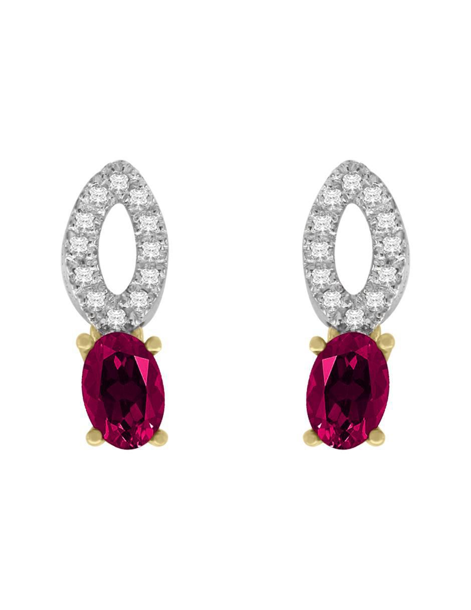 Aretes ovalados de oro con acabado pavé rubí y diamante