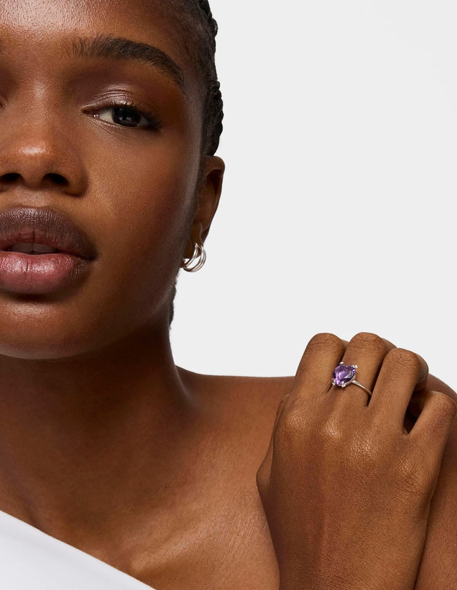 Anillo con gema de corazón P 925 de plata amatista brillante
