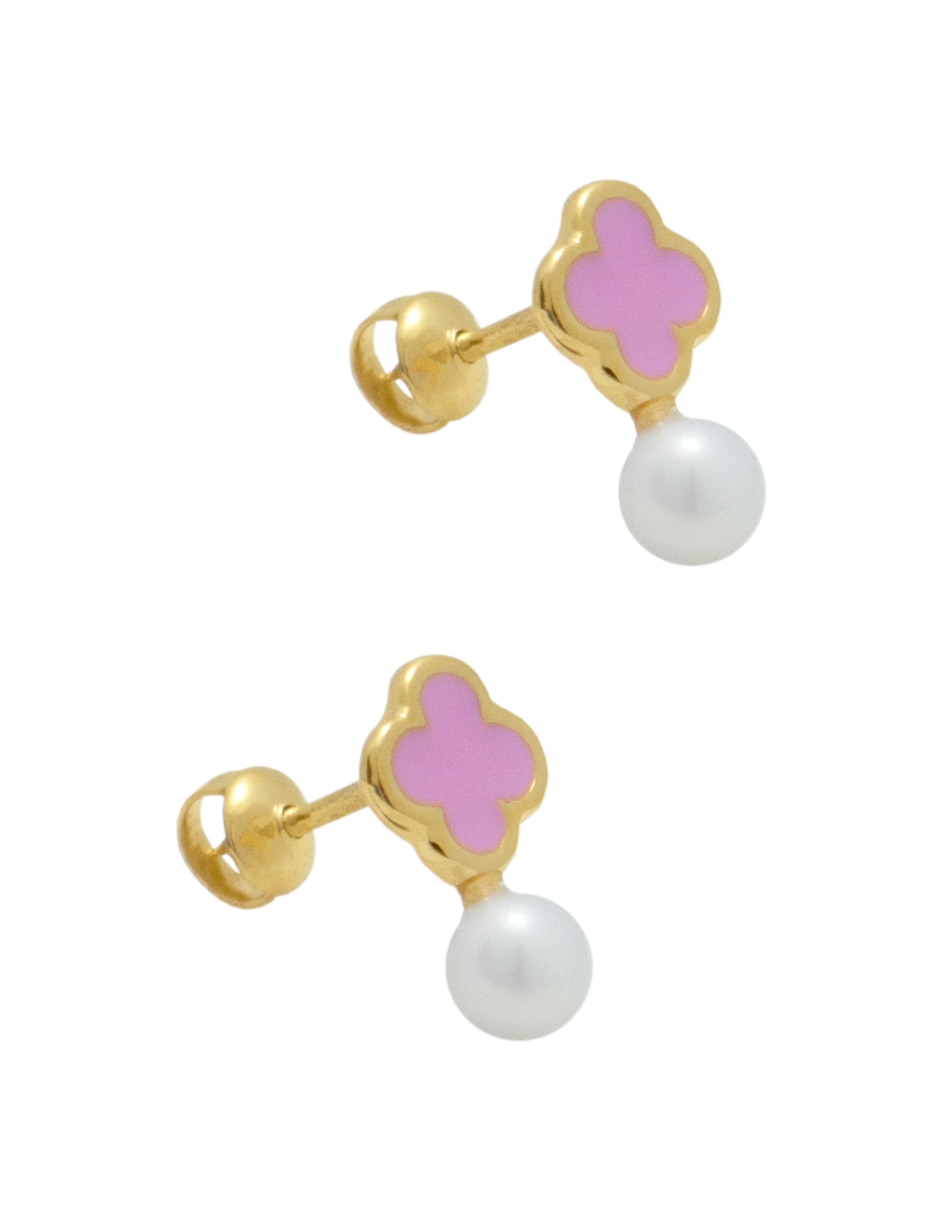 Broqueles de flor Roca de oro amarillo con acabado esmaltado perla