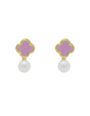 Broqueles de flor Roca de oro amarillo con acabado esmaltado perla