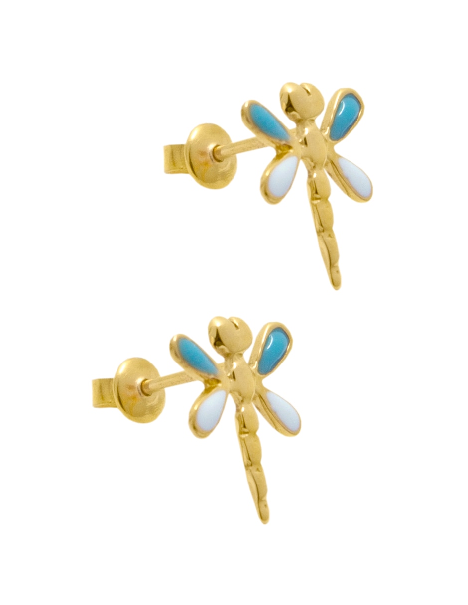 Broqueles de libélula de oro amarillo con acabado esmaltado 3