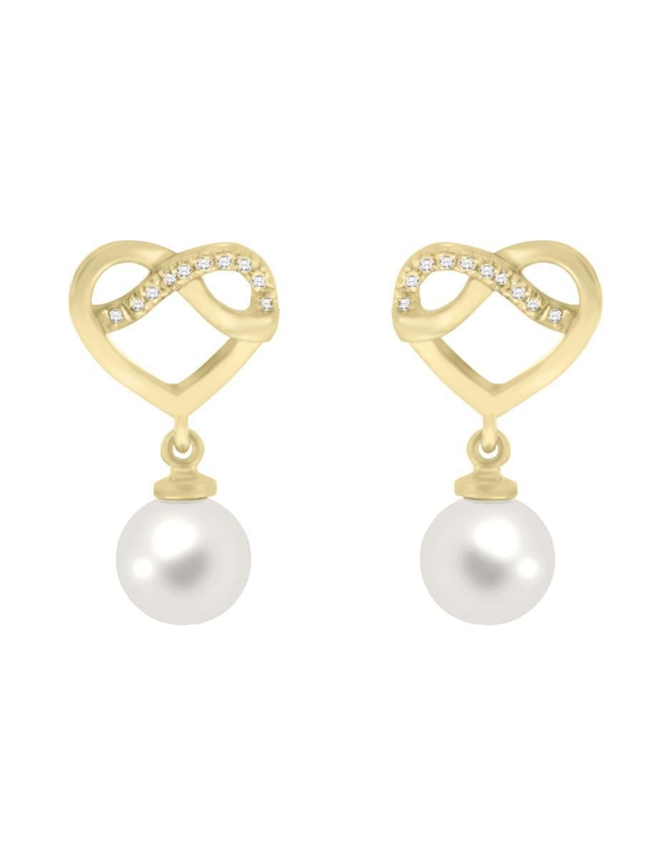 Aretes de corazón de oro amarillo con acabado brillante perla y diamante Aretes de corazón de oro amarillo con acabado brillante perla y diamante