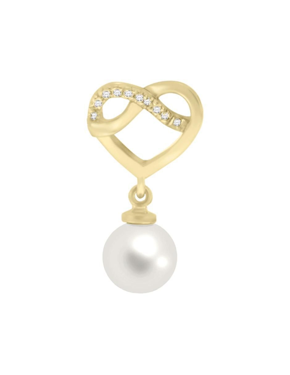 Aretes de corazón de oro amarillo con acabado brillante perla y diamante 2