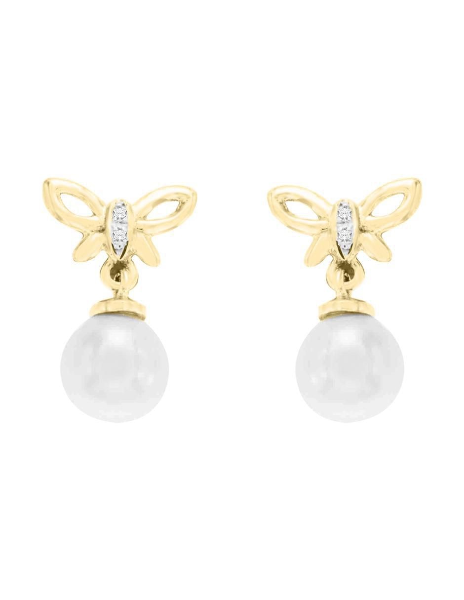 Aretes de mariposa de oro con acabado brillante perla y diamante Aretes de mariposa de oro con acabado brillante perla y diamante