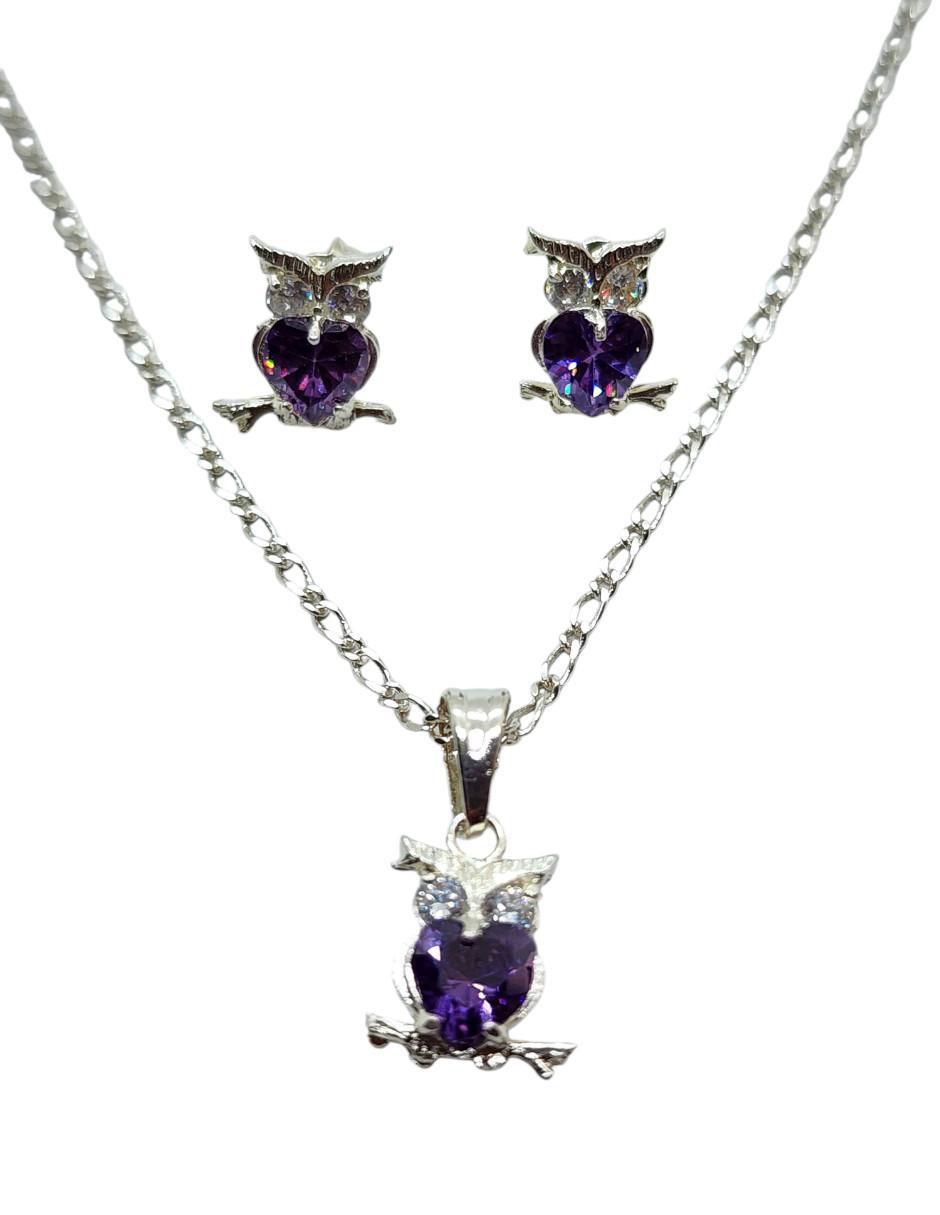 Aretes y collar de búho Ave Nocturna de plata p 925 zirconia