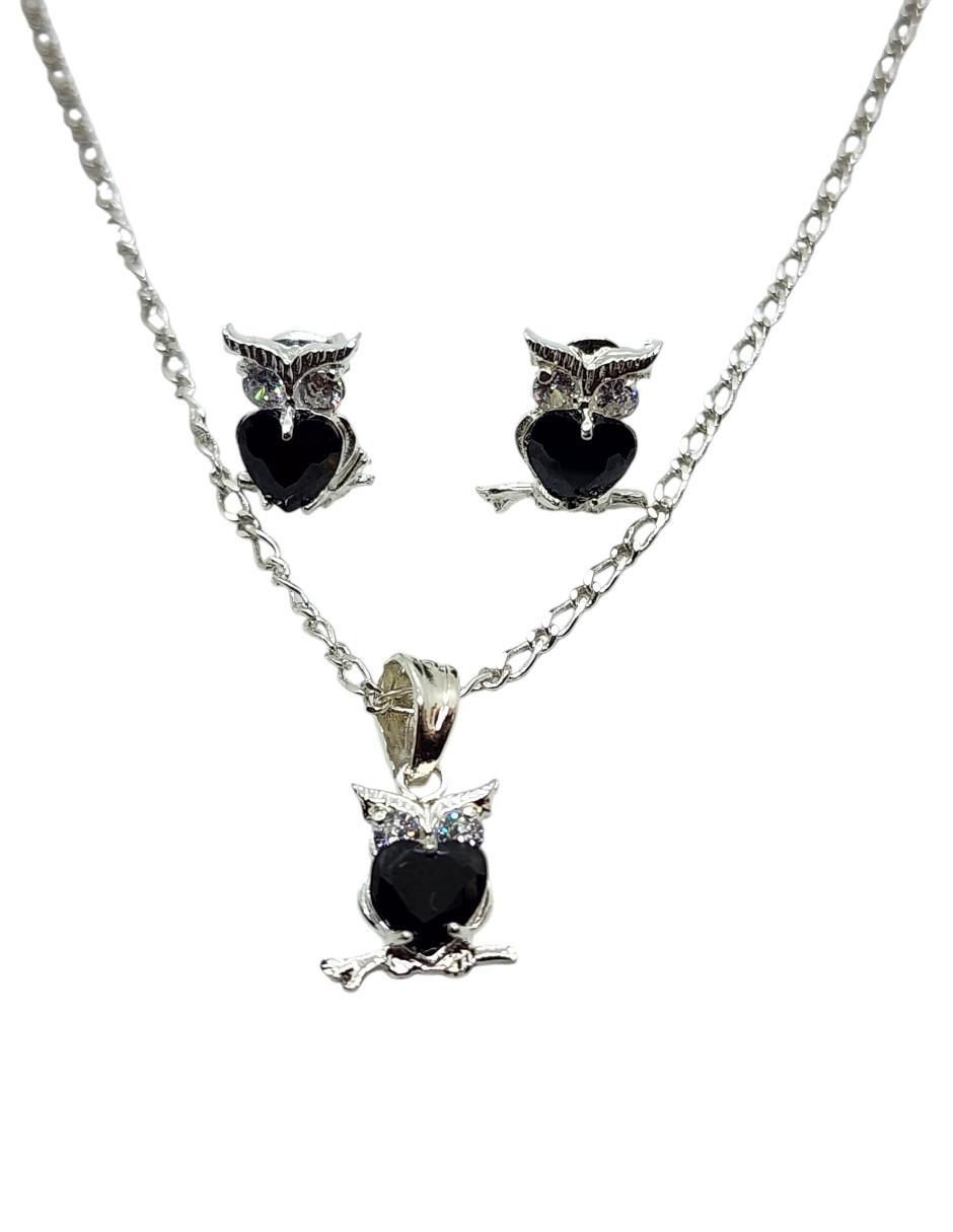Aretes y collar de búho Limerence by Claudia Herrera Ave Nocturna de plata p 925 zirconia