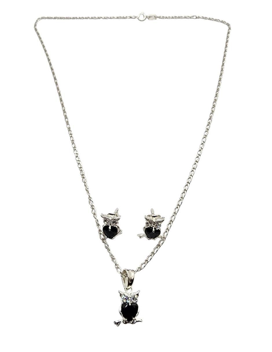 Aretes y collar de búho Limerence by Claudia Herrera Ave Nocturna de plata p 925 zirconia 2