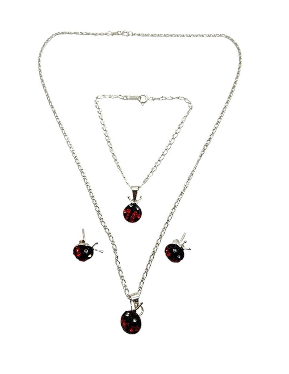 Aretes, collar y pulsera de catarina Limerence by Claudia Herrera Mariquita de plata p 925 zirconia 2