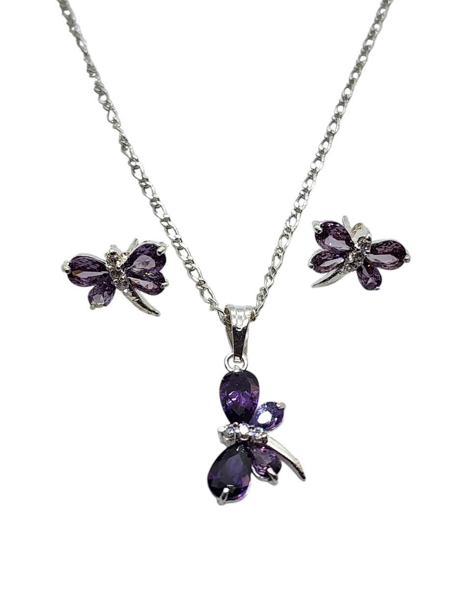 Aretes y collar de libélula Insecto de plata p 925 zirconia