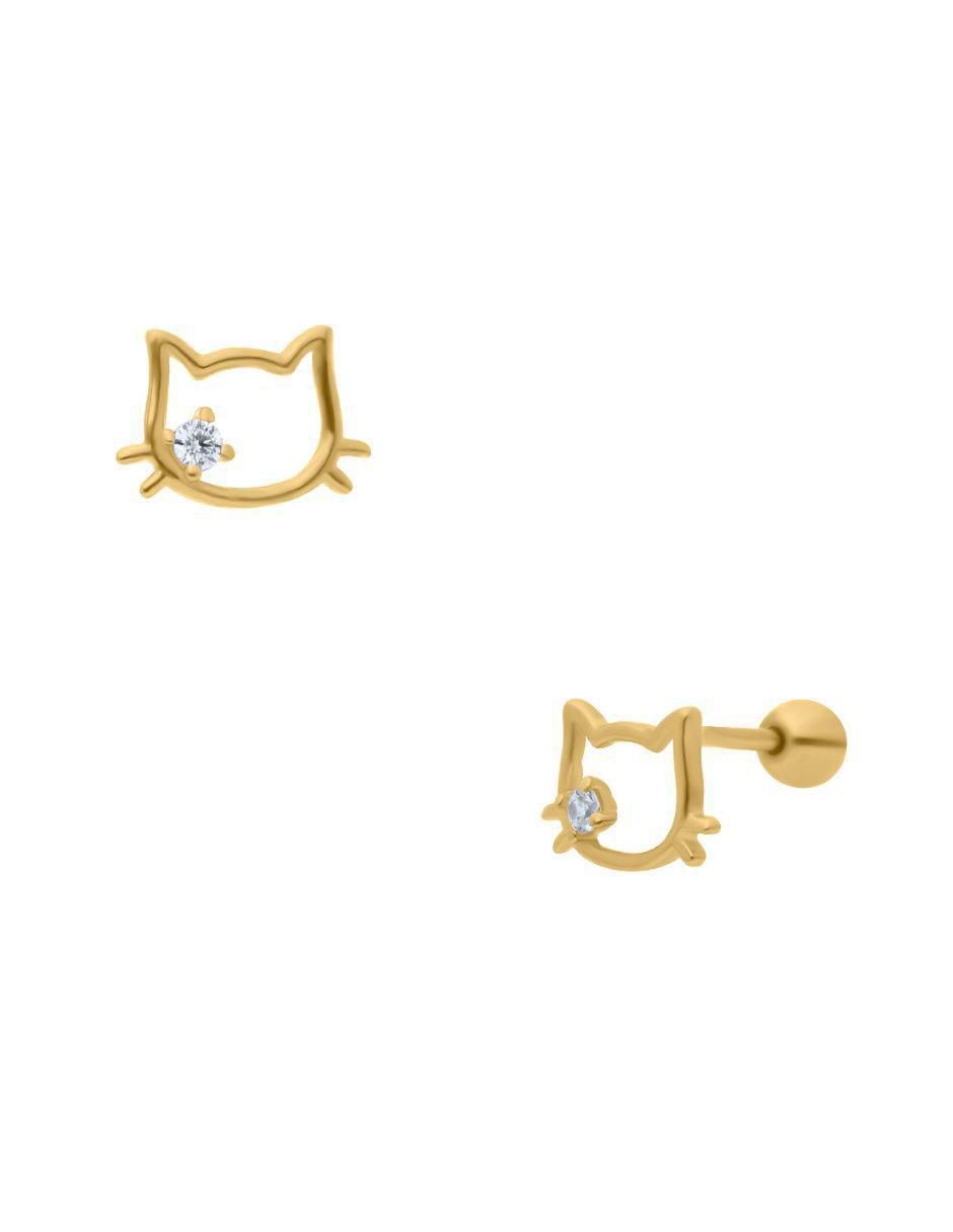 Broqueles de gato de oro amarillo 14 K con acabado brillante zirconia 2