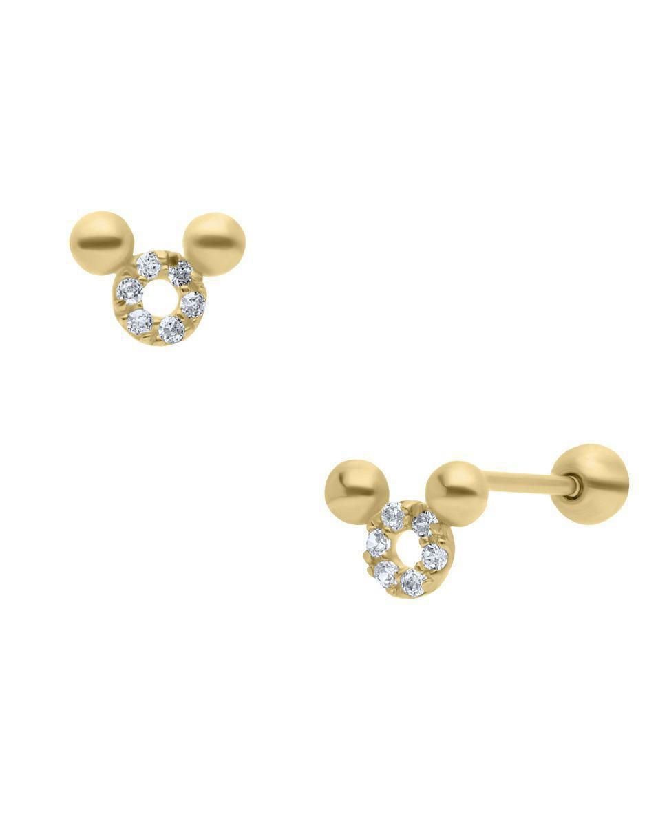 Broqueles de ratón de oro amarillo 14 K con acabado brillante zirconia 2